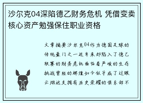 沙尔克04深陷德乙财务危机 凭借变卖核心资产勉强保住职业资格 沙尔克04深陷德乙财务危机 凭借变卖核心资产勉强保住职业资格