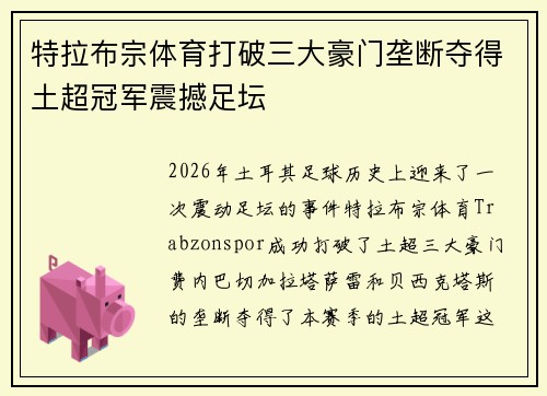 特拉布宗体育打破三大豪门垄断夺得土超冠军震撼足坛 特拉布宗体育打破三大豪门垄断夺得土超冠军震撼足坛